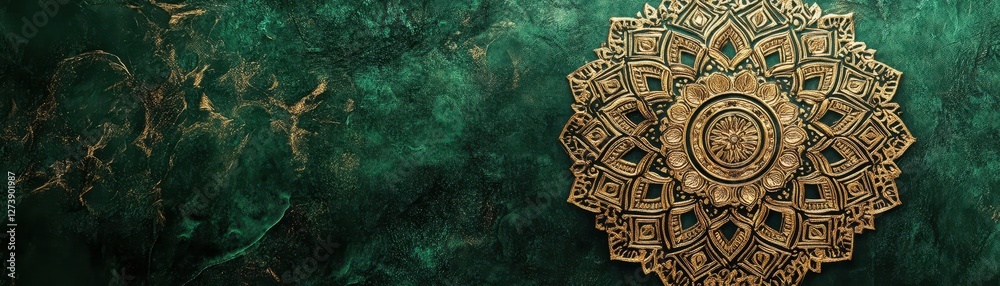 Ornate golden mandala on a rich green brocade, spiritual and sophisticated luxury Ornate golden mandala on a rich green brocade, spiritual and sophisticated luxury