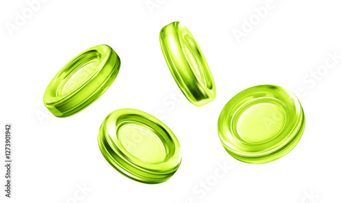 3d green glass coin. Render set translucent disk crystal. Money gradient glass effect. Abstract glossy coins. Bank element, business concept, cash, crypto. Vector realistic illustration