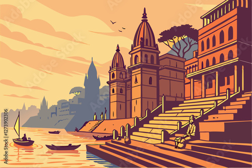  Varanasi ghats at sunrise, golden light reflecting on Ganges river, ancient Hindu temples, colorful buildings, misty atmospheric cityscape, stone steps leading to water, small boats, warm orange an