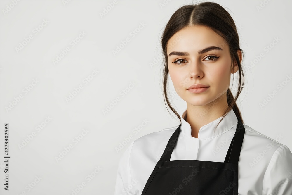 Woman in empty apron. Waiter wearing black mockup wear for brand or label. Kitchen or restaurant worker with copyspace apron. Copy space in white uniform Woman in empty apron. Waiter wearing black mockup wear for brand or label. Kitchen or restaurant worker with copyspace apron. Copy space in white uniform