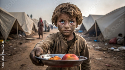 a starving child with dirt streaked, The effects of war