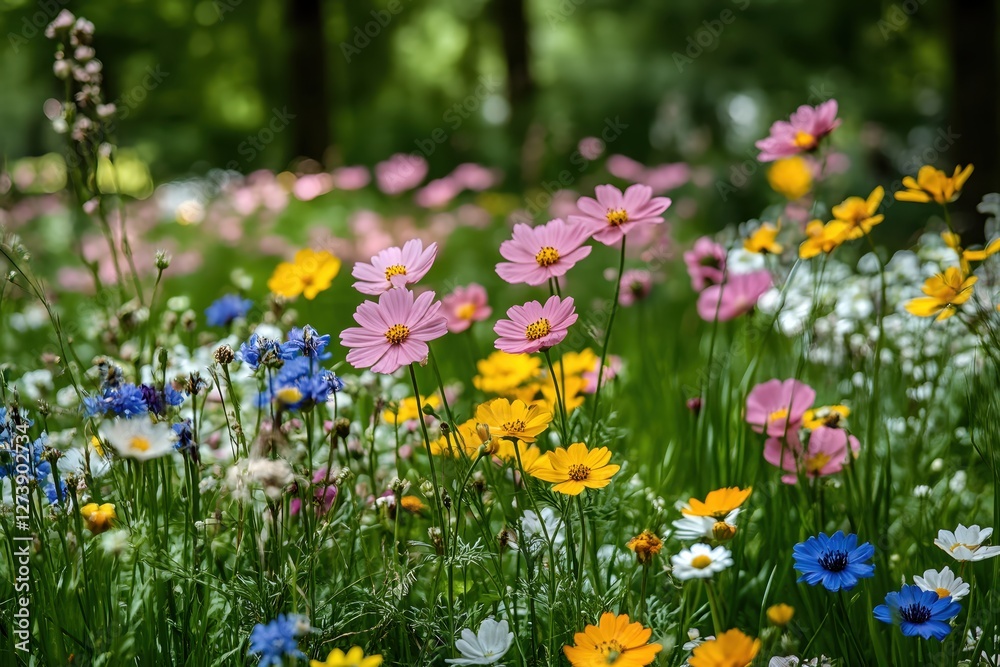 Vibrant cosmos flowers in a colorful meadow creating a serene and joyful spring landscape Vibrant cosmos flowers in a colorful meadow creating a serene and joyful spring landscape
