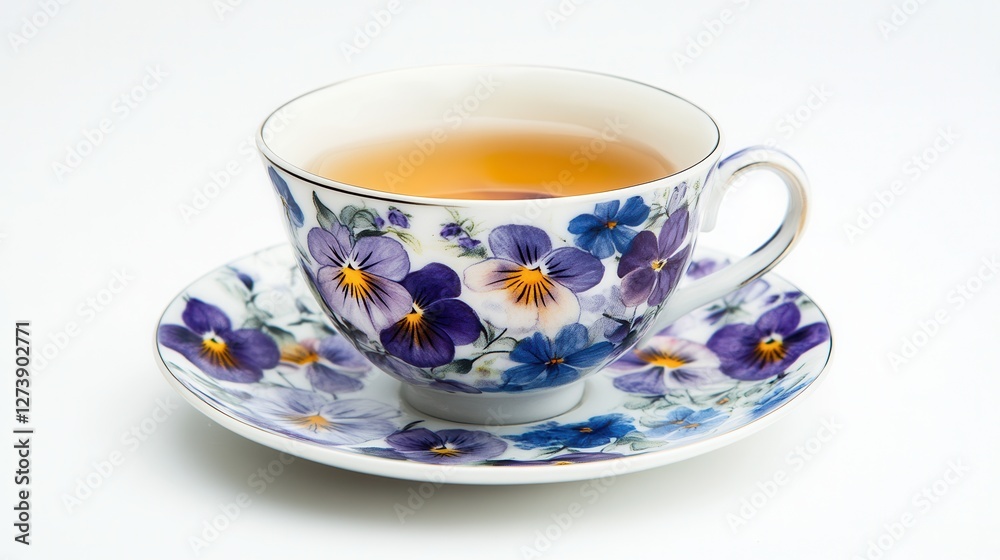 A delicate cup of tea rests on a matching saucer, showcasing an elegant design that highlights the beauty of simple tea enjoyment. A delicate cup of tea rests on a matching saucer, showcasing an elegant design that highlights the beauty of simple tea enjoyment.