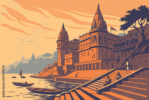  Varanasi ghats at sunrise, golden light reflecting on Ganges river, ancient Hindu temples, colorful buildings, misty atmospheric cityscape, stone steps leading to water, small boats, warm orange an