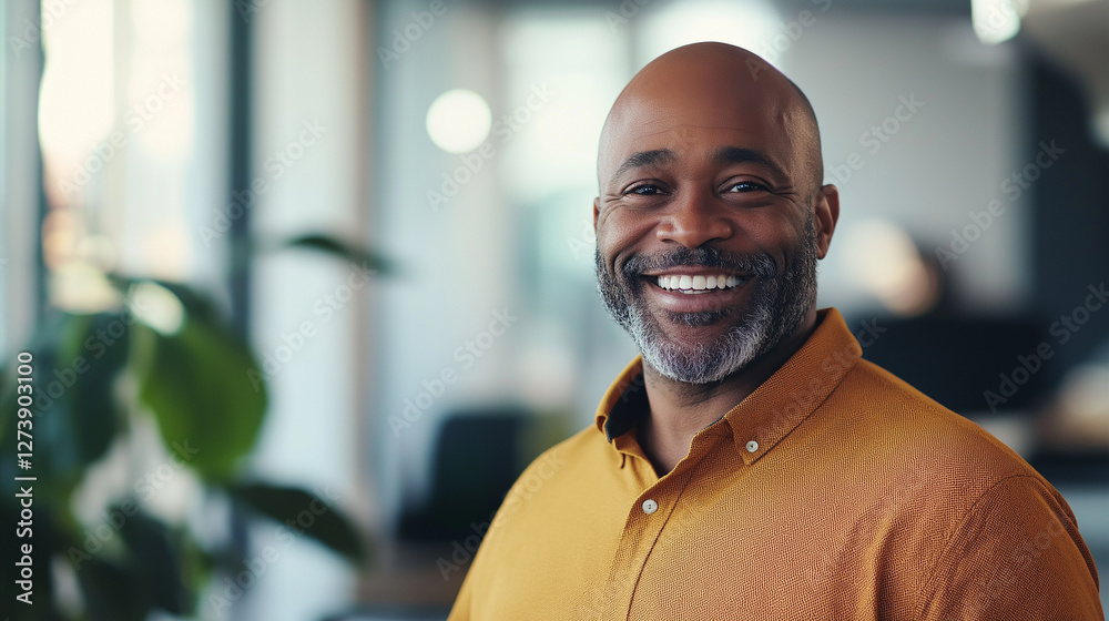 Naklejka premium Smiling businessman in modern office. His confident and approachable demeanor reflects leadership, networking and success in a corporate environment.