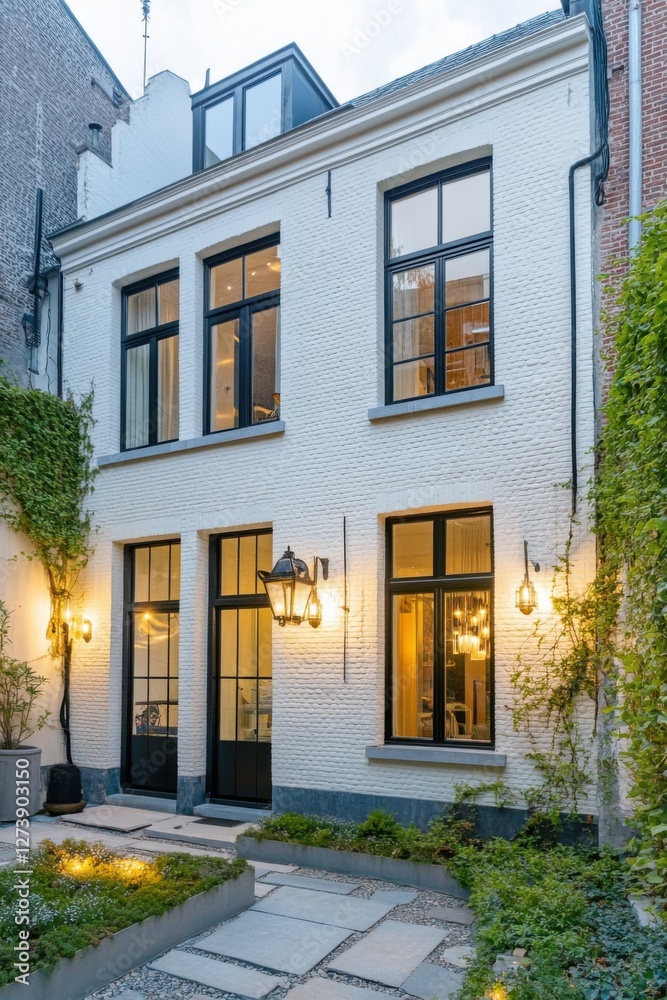 Fototapeta premium Elegant modern house with large windows and lush greenery in a cozy courtyard at dusk, showcasing a blend of classic and contemporary architecture