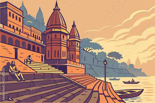  Varanasi ghats at sunrise, golden light reflecting on Ganges river, ancient Hindu temples, colorful buildings, misty atmospheric cityscape, stone steps leading to water, small boats, warm orange an