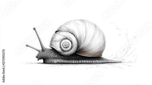 Detailed sketch of a snail with textured shell on white background