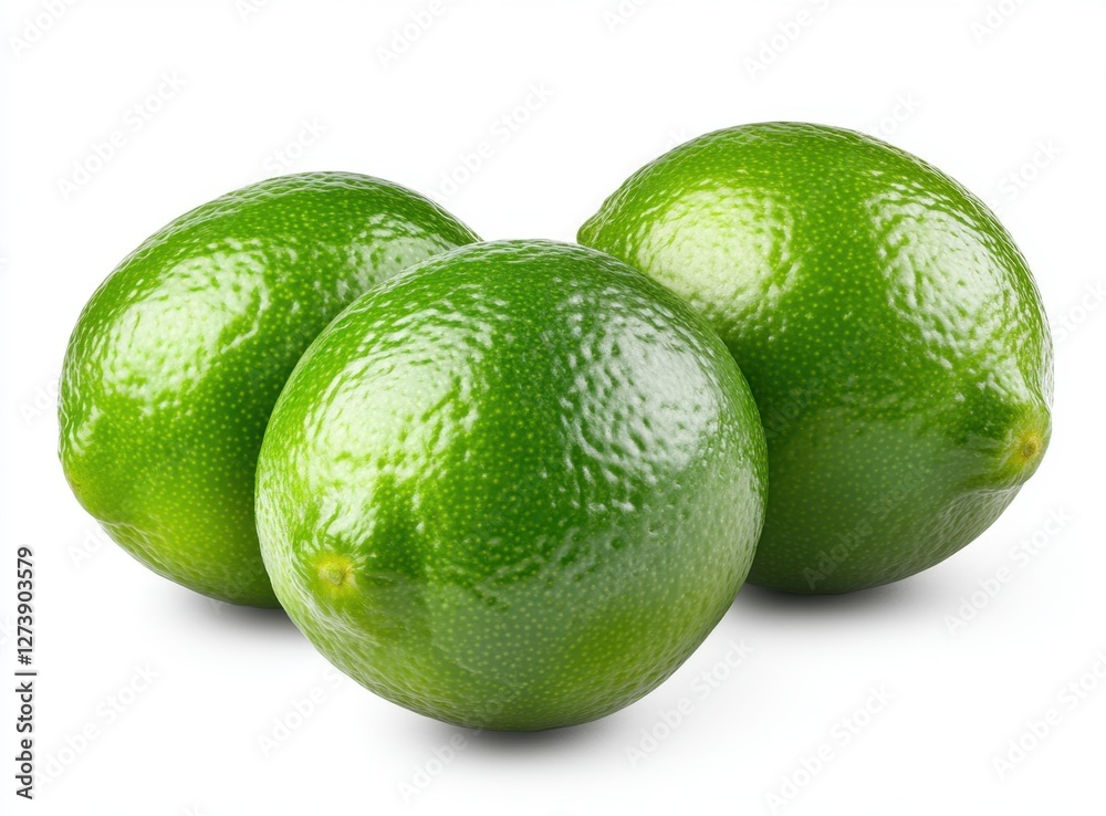 Three vibrant green limes arranged closely together against a plain white background. The limes are glossy and appear ripe, exhibiting subtle Three vibrant green limes arranged closely together against a plain white background. The limes are glossy and appear ripe, exhibiting subtle