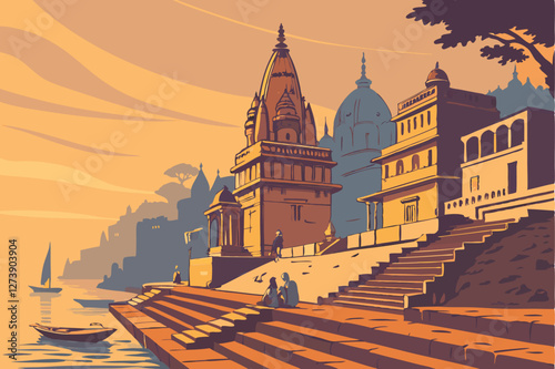  Varanasi ghats at sunrise, golden light reflecting on Ganges river, ancient Hindu temples, colorful buildings, misty atmospheric cityscape, stone steps leading to water, small boats, warm orange an