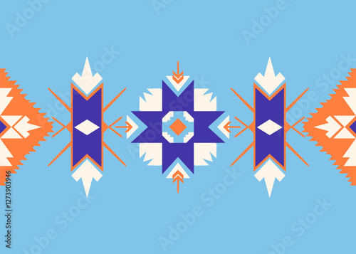 A geometric square and triangle shape Native American tribal pattern decorates fabric, tile and carpet on a blue color background