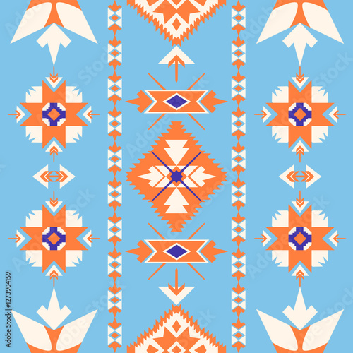 Tribal fabric, tile and carpet feature a geometric square and triangle shape Native American pattern on a blue color background