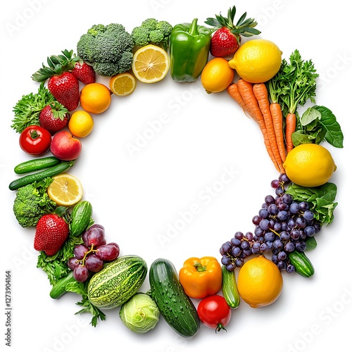 Fresh Vibrant Circle of Fruits and Vegetables Isolated on White