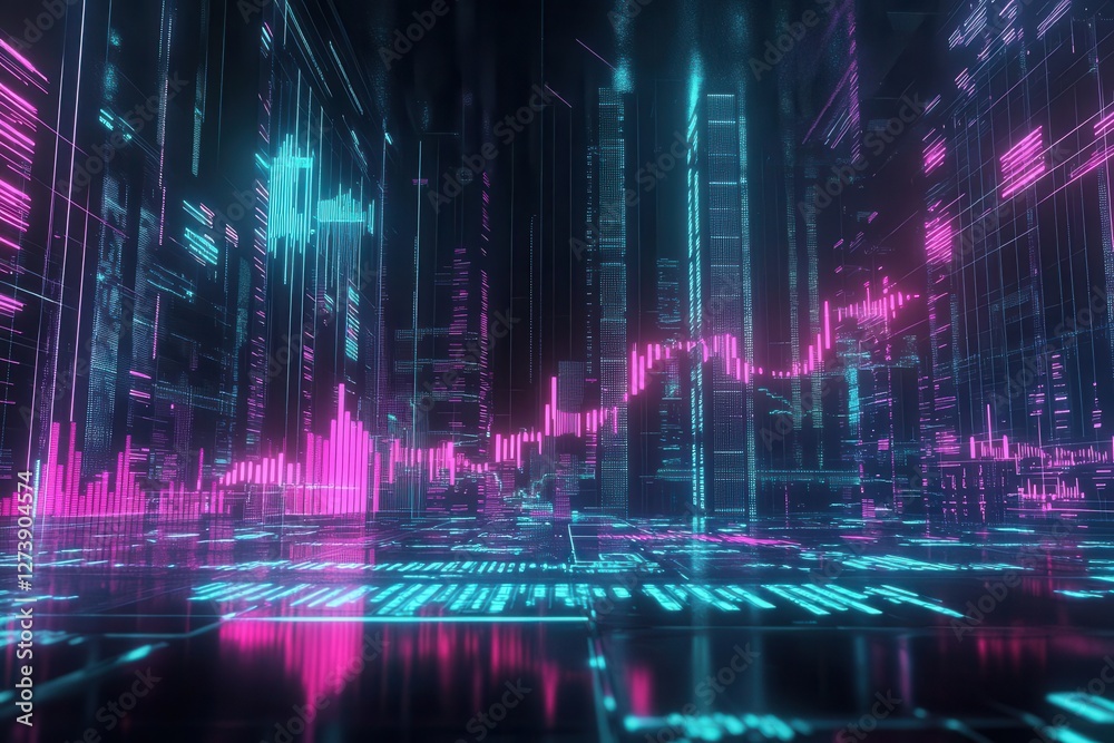 Fototapeta premium 3d holographic financial data visualization, glowing neon graphs floating in dark space, dynamic market trends