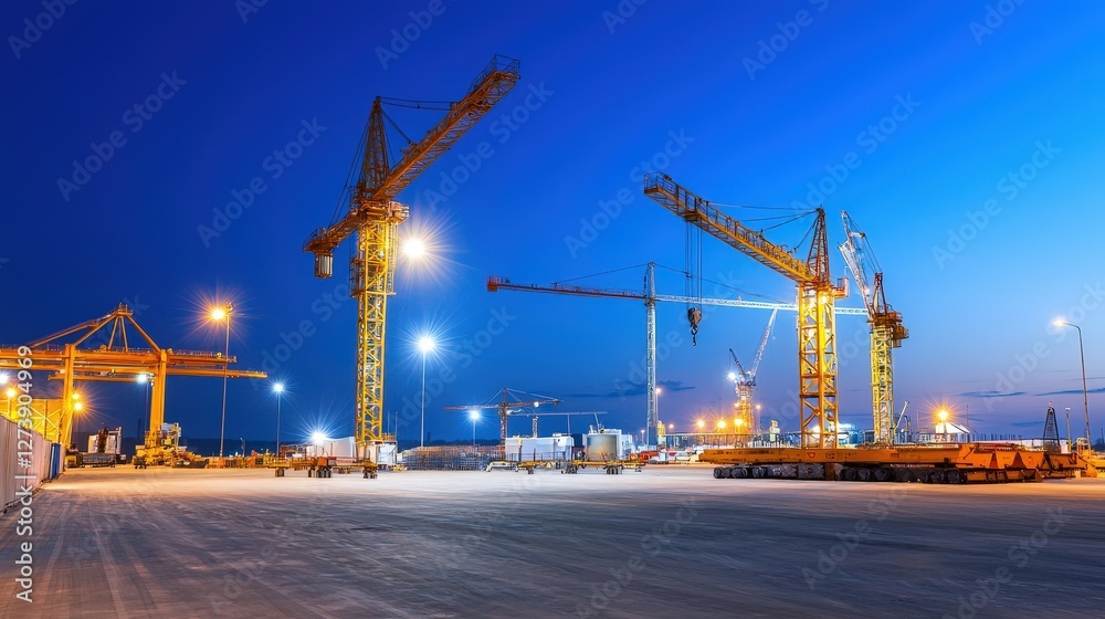 A vibrant construction site at dusk, featuring towering cranes and illuminated surroundings, showcasing urban development and industrial activity.