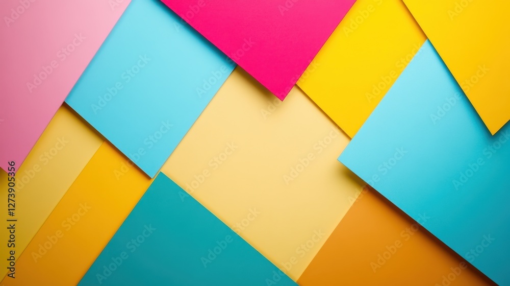 Abstract background with vibrant color blocks. Geometric shapes in pink, blue, yellow, and orange create a dynamic composition. The image features a Abstract background with vibrant color blocks. Geometric shapes in pink, blue, yellow, and orange create a dynamic composition. The image features a