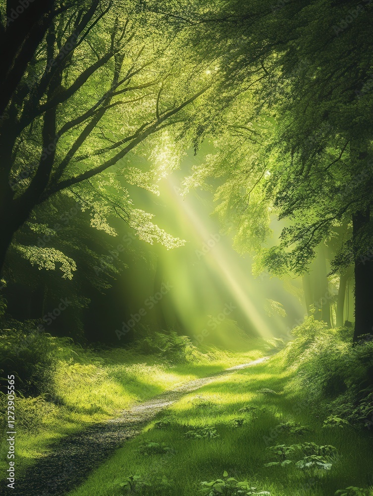 Obraz premium a Madeira forest path surrounded by rich greenery, with sunlight streaming through the tall tree canopy.