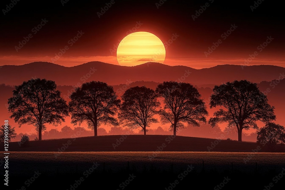 Obraz premium Silhouette Trees Sunset Mountain Landscape