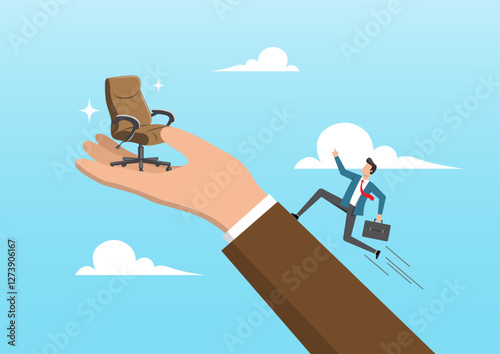 a businessman running up big hand to a new office chair
