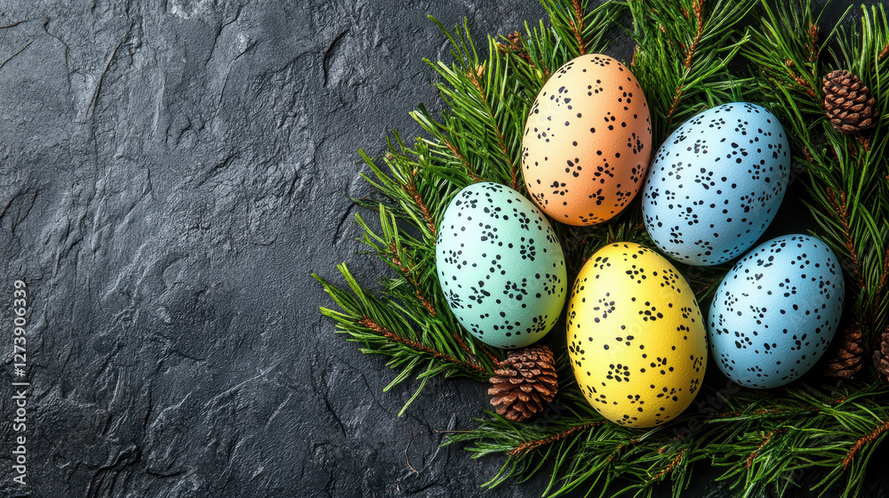 Obraz premium This vibrant composition features colorful speckled Easter eggs resting on fresh pine needles and pine cones, creating a cheerful springtime atmosphere
