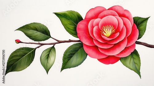 Watercolor painting of a single pink flower blossom with green leaves and a bud on a branch against a white background. Delicate details and soft