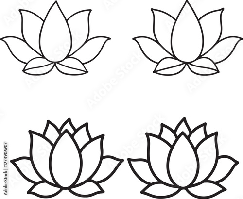 Set of lotus flower icons. Flat and line art style. Vector illustration isolated on white background