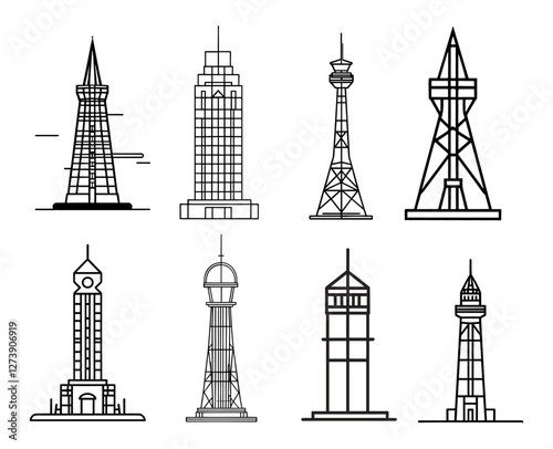 Sets icon collection of different line drawings of towers and skyscrapers, each with unique architectural designs, showcasing a variety of structural styles