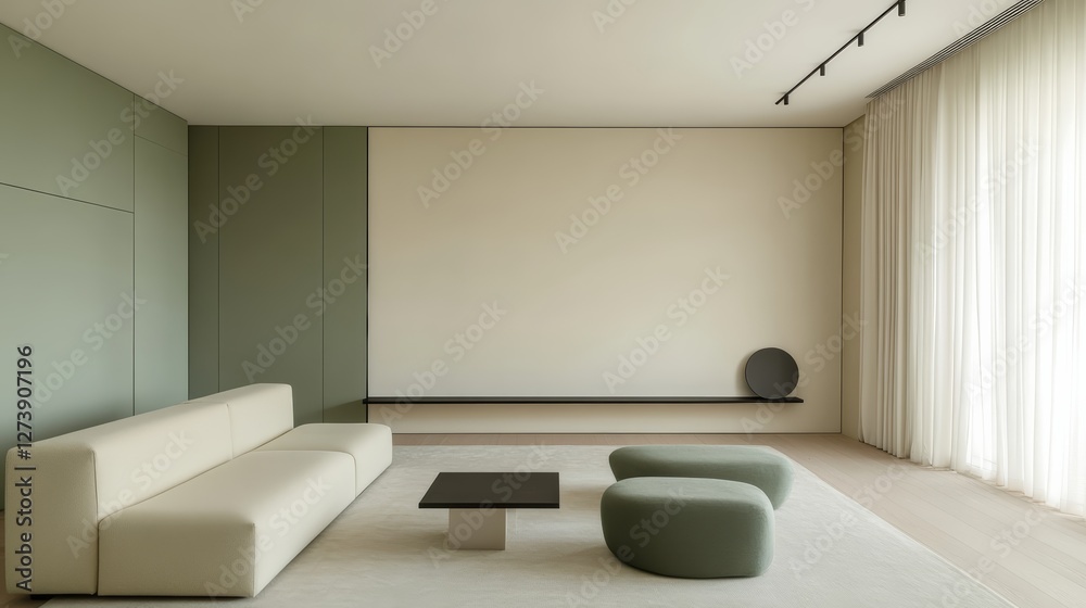 Fototapeta premium Subtle sage and cream minimalist living room, soft colors, and an empty wall for calming simplicity
