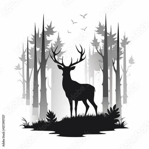 beautiful, White line art of a deer head on a black background, a minimalistic design with simple shapes, a dark aesthetic and dark tones.