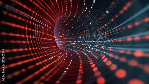 Abstract digital tunnel with flowing red and white particles, creating a sense of motion and depth