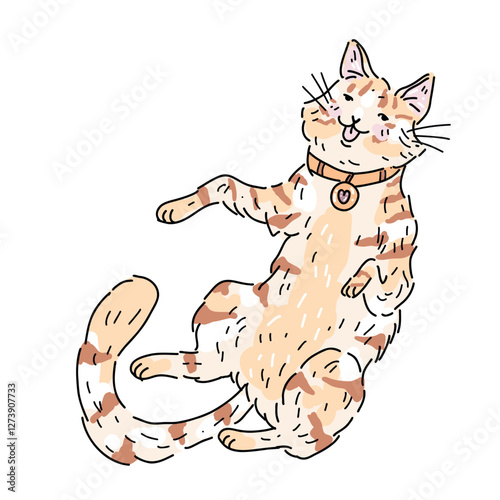 Vector illustration of a cute fluffy sleeping tabby cat with tricolor coloring and protruding tongue. Funny pet Kawaii sticker on white background