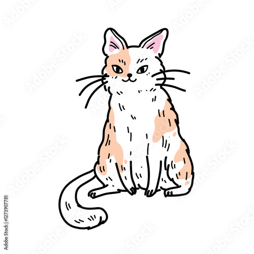 Vector illustration with a cute fluffy sitting white and orange cat with a sweet smile and a long mustache. Funny pet Kawaii sticker on white background