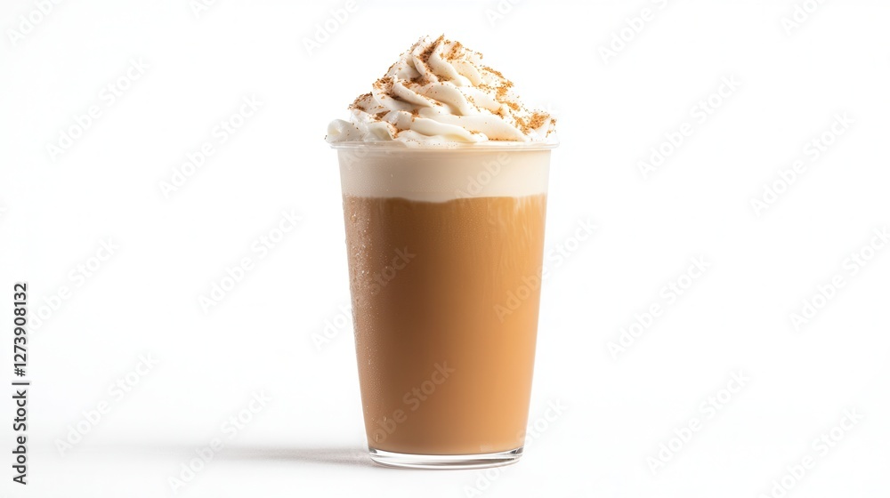A tall glass filled with coffee topped with a generous swirl of whipped cream, showcasing a delightful beverage perfect for any coffee lover.