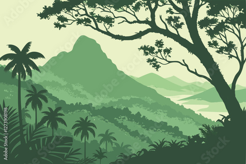  Lush green mountains, misty peaks, tropical forest, dense jungle canopy, isolated island, serene landscape, panoramic view, ethereal atmosphere, vibrant foliage, natural wonder, mysterious terrain,