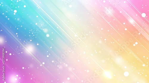 Pastel rainbow background with diagonal light streaks and bokeh.