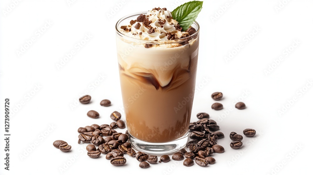 A tall glass of coffee topped with fluffy whipped cream, showcasing an inviting and delicious beverage perfect for any coffee lover. A tall glass of coffee topped with fluffy whipped cream, showcasing an inviting and delicious beverage perfect for any coffee lover.