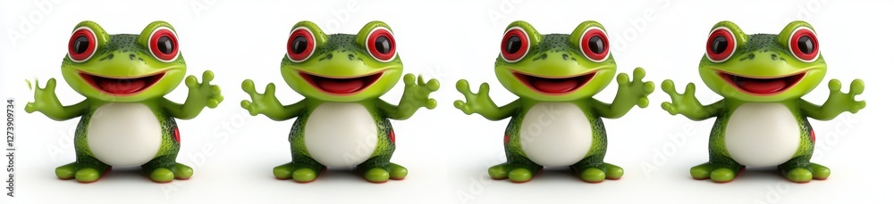 Naklejka premium Four cheerful green amphibians with large eyes and welcoming poses against a bright white background. A playful and vibrant image with cartoonish