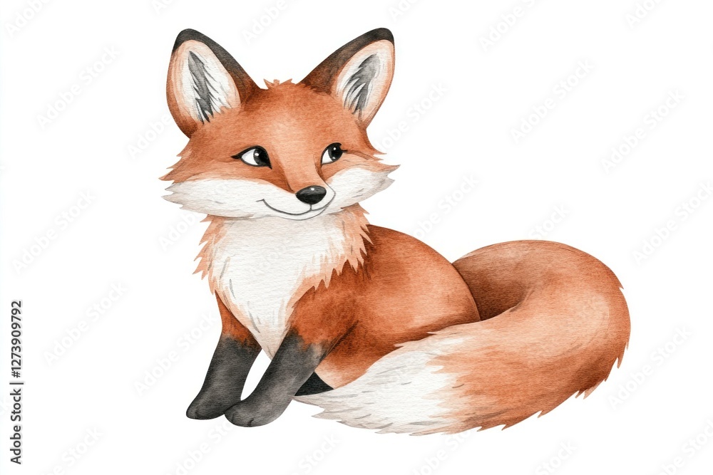 Obraz premium Charming watercolor illustration of a cute fox with a fluffy tail, vibrant orange and white fur, conveying a playful and curious emotion