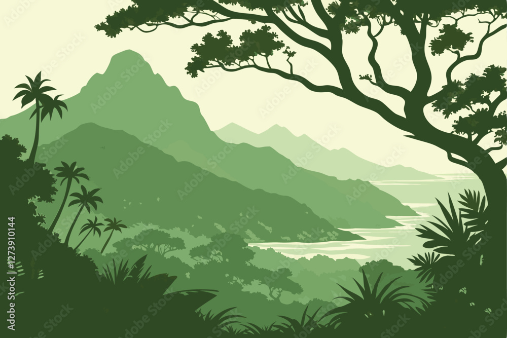 Fototapeta premium Lush green mountains, misty peaks, tropical forest, dense jungle canopy, isolated island, serene landscape, panoramic view, ethereal atmosphere, vibrant foliage, natural wonder, mysterious terrain,