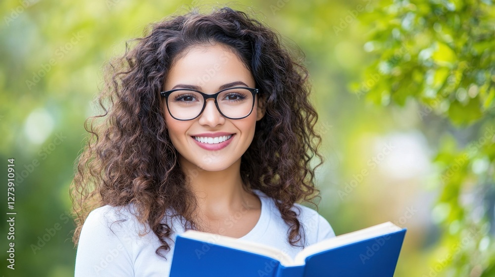 Fototapeta premium A person with curly brown hair and glasses holds a book outdoors, bright green background, natural lighting, joyful expression, close up portrait
