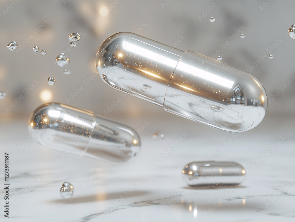 Naklejka premium several transparent glass vials filled with small, silver-colored granules against a white background. The vials are arranged in a scattered manner