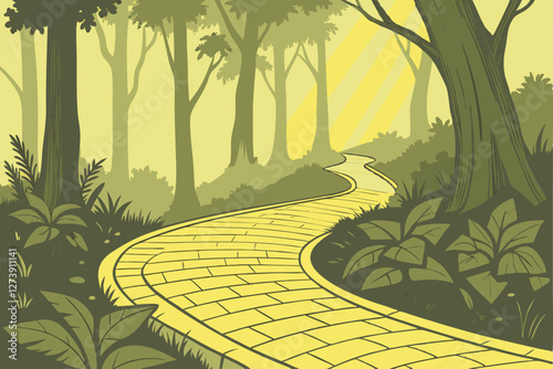  Photograph of a winding yellow brick road in a lush, sunlit forest. The road is made of bright yellow bricks and curves gently through the dense foliage. The forest is filled with tall trees and va