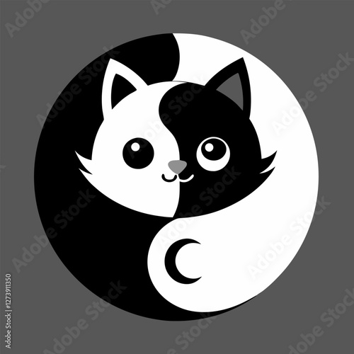 Yin Yang sign icon. White and black cute funny cartoon cat. Feng symbol vector on white background.