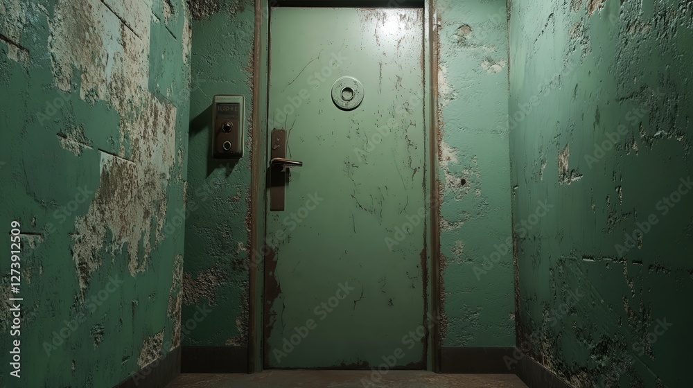 A fire exit door with peeling green paint and a rusty push bar in an aged industrial building, captured in ultra-clear 4K resolution with dramatic lighting A fire exit door with peeling green paint and a rusty push bar in an aged industrial building, captured in ultra-clear 4K resolution with dramatic lighting