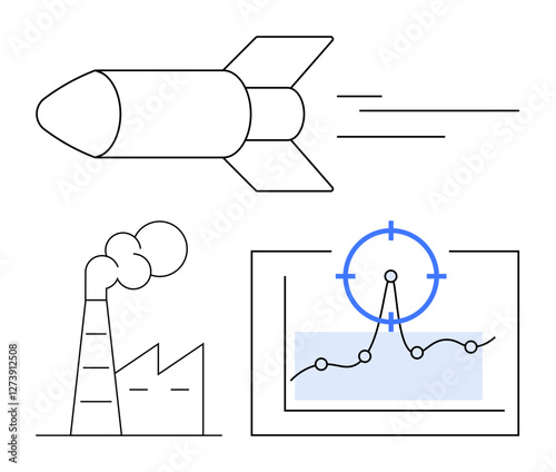 Missile soaring, factory emitting smoke, graph with target symbol represent strategy, industry, precision, and technology. Ideal for warfare, energy, analytics strategy industry precision