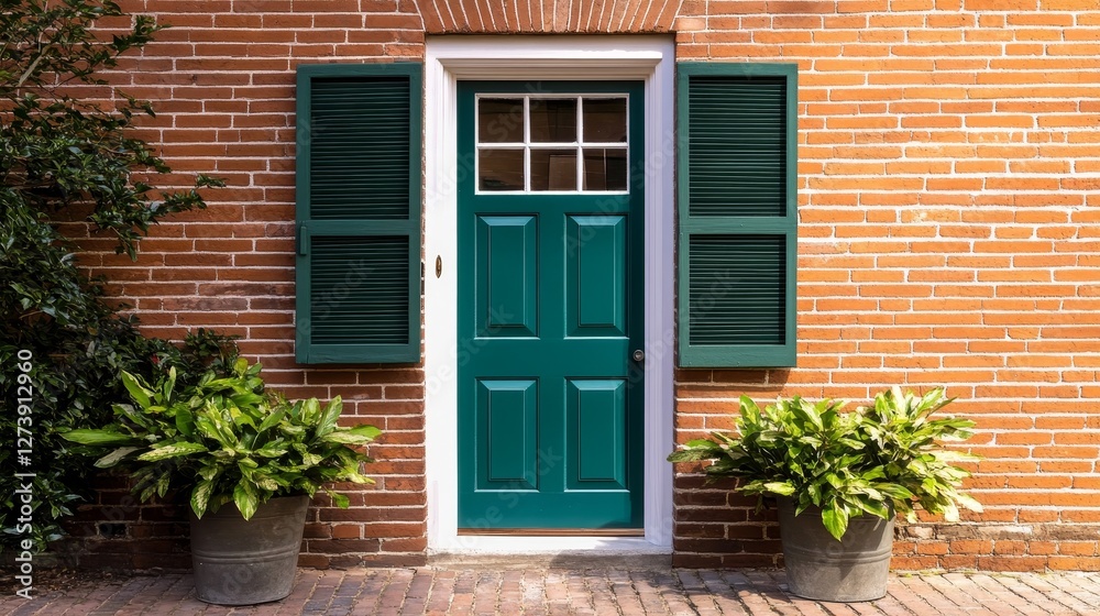 Fototapeta premium Vibrant teal door with white trim and shutters framed by lush greenery and brick wall