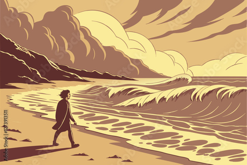  Cinematic landscape, lone figure walking on beach, massive parting waves, Moses and the Red Sea, stormy skies, dramatic lighting, golden sunset, surreal ocean, epic scale, digital art, photorealist