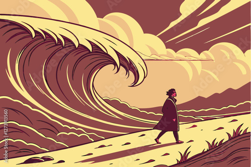  Cinematic landscape, lone figure walking on beach, massive parting waves, Moses and the Red Sea, stormy skies, dramatic lighting, golden sunset, surreal ocean, epic scale, digital art, photorealist