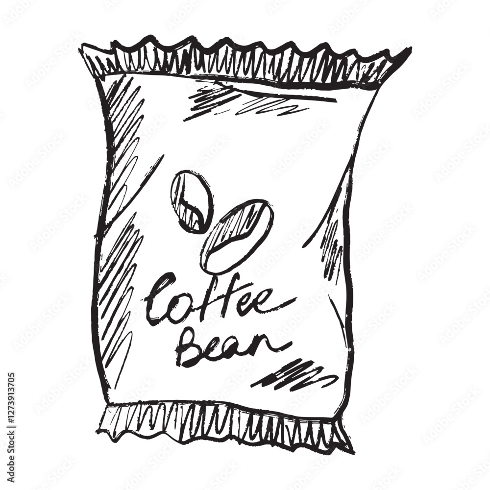 Bag of coffee beans drawing in black brush stroke texture isolated on white background. Hand drawn vector sketch illustration in vintage charcoal ink. Coffee store, arabica, robust, espresso