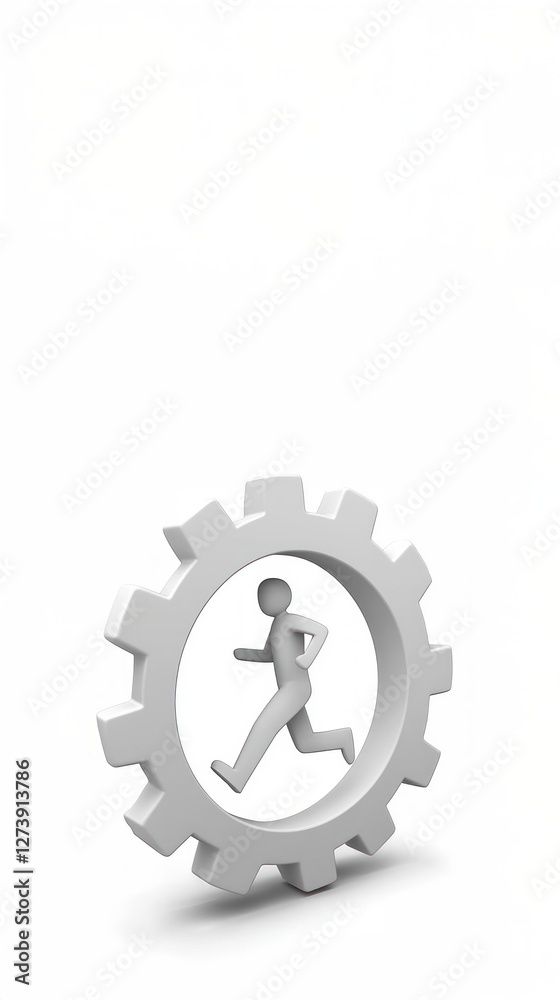 A 3D icon of a person running inside a gear on a white background, representing automation, workforce evolution, and Industry 4.0 in the Fourth Industrial Revolution A 3D icon of a person running inside a gear on a white background, representing automation, workforce evolution, and Industry 4.0 in the Fourth Industrial Revolution